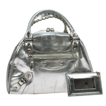 Authentic BALENCIAGA The Grease Bowling Hand Bag Silver Leather Italy VTG V01097