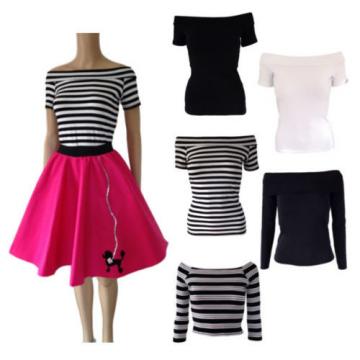 Ladies 50s Off The Shoulder Top BARDOT / GREASE STYLE Pink Ladies UK Stripe TOPS