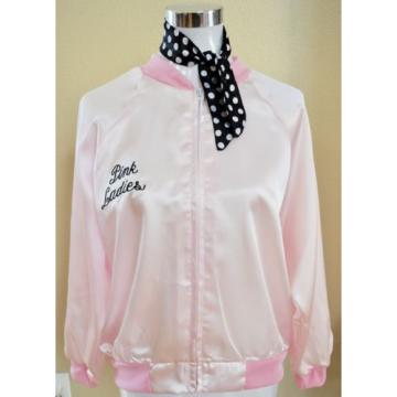 50&#039;s PINK LADIES JACKET GREASE ADULT WITH EMBROIDERED LETTERS AND SCARF