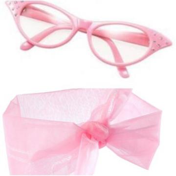 Pink Lady Glasses Scarf Set Grease 50&#039;s Fancy Dress Hen Nights Partys 1950&#039;s