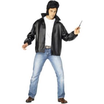 Mens Grease Black Leather Look T-Bird Jacket - Danny T Bird Fancy Dress Costume