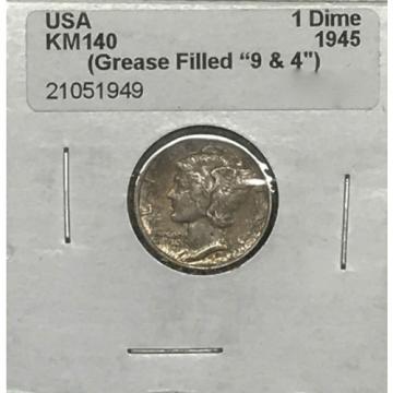 1945 MERCURY DIME GREASE FILLED 9 &amp; 4 ERROR COIN